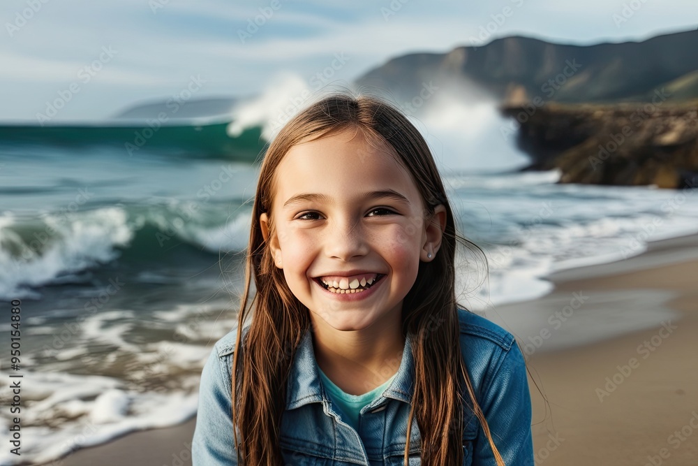 Happy Girl Smiling by the Sea with Wild Waves and Colorful Friendship Bracelets Happy Girl Smiling by the Sea with Wild Waves and Colorful Friendship Bracelets