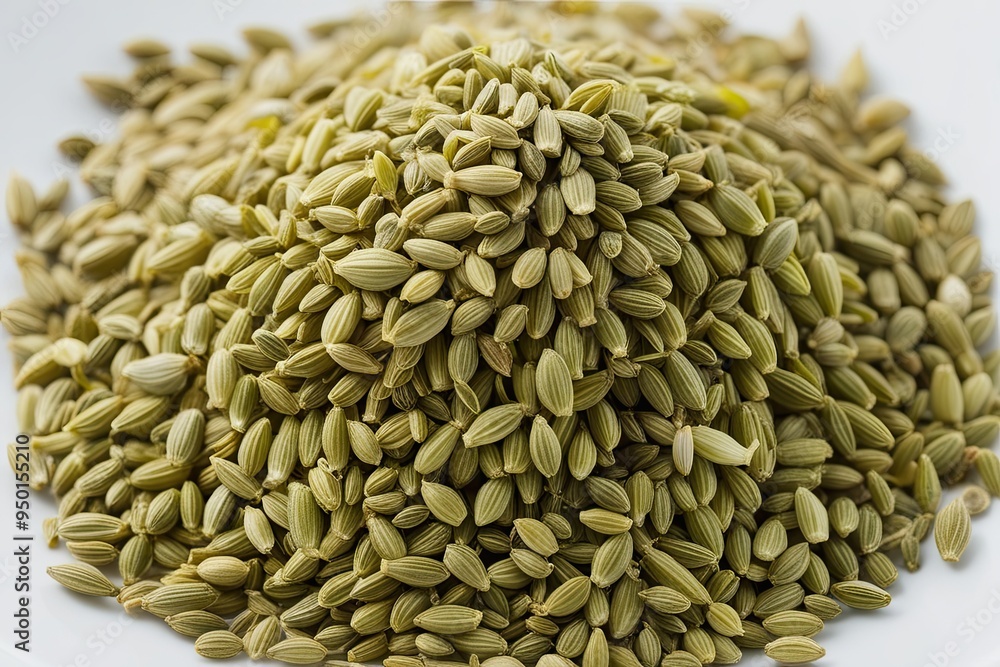 Obraz premium Detailed View of Isolated Fennel Seeds on White Background Aromatic Mediterranean Herb and Spice