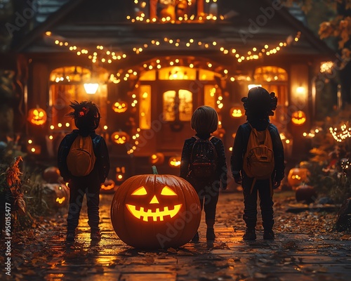 Trickortreaters at a spooky decorated house photo