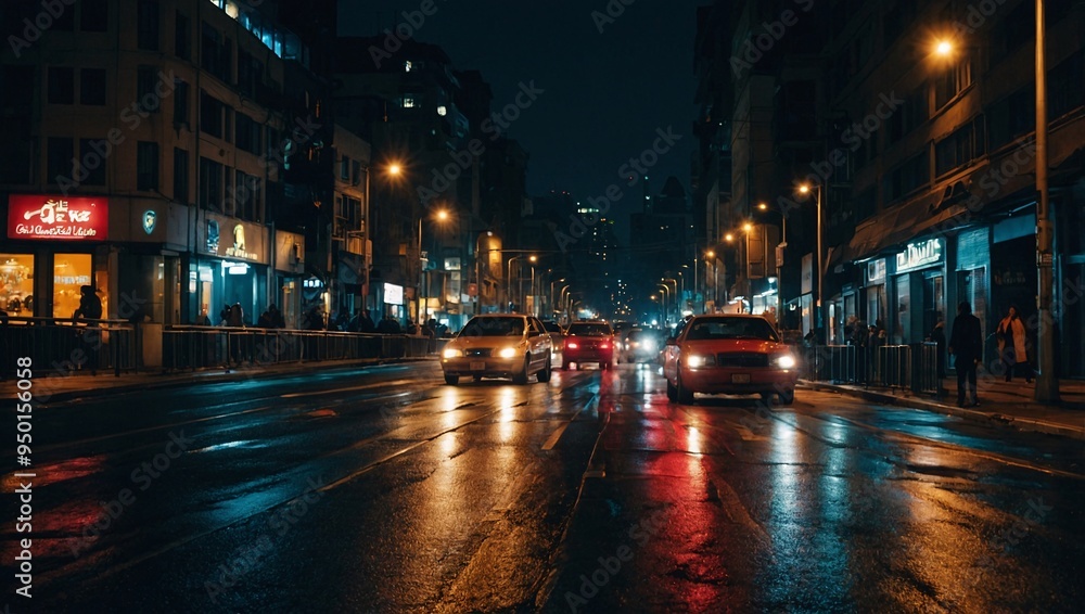 City streets alive with night traffic, lights reflecting off the pavement. City streets alive with night traffic, lights reflecting off the pavement.