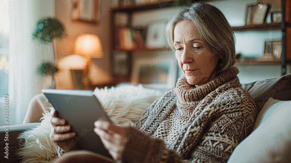 Productive Middle-Aged Woman Working from Home on Tablet in Bright Living Room Setting Productive Middle-Aged Woman Working from Home on Tablet in Bright Living Room Setting