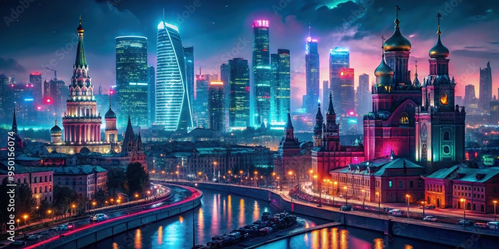 Obraz premium Photorealistic depiction of Moscow city at night, illuminated by vibrant neon adverts in a cyberpunk style, featuring futuristic architecture and bustling streets, with a dark, sharp focus