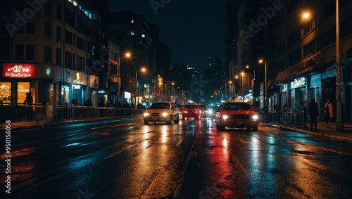 City streets alive with night traffic, lights reflecting off the pavement. photo