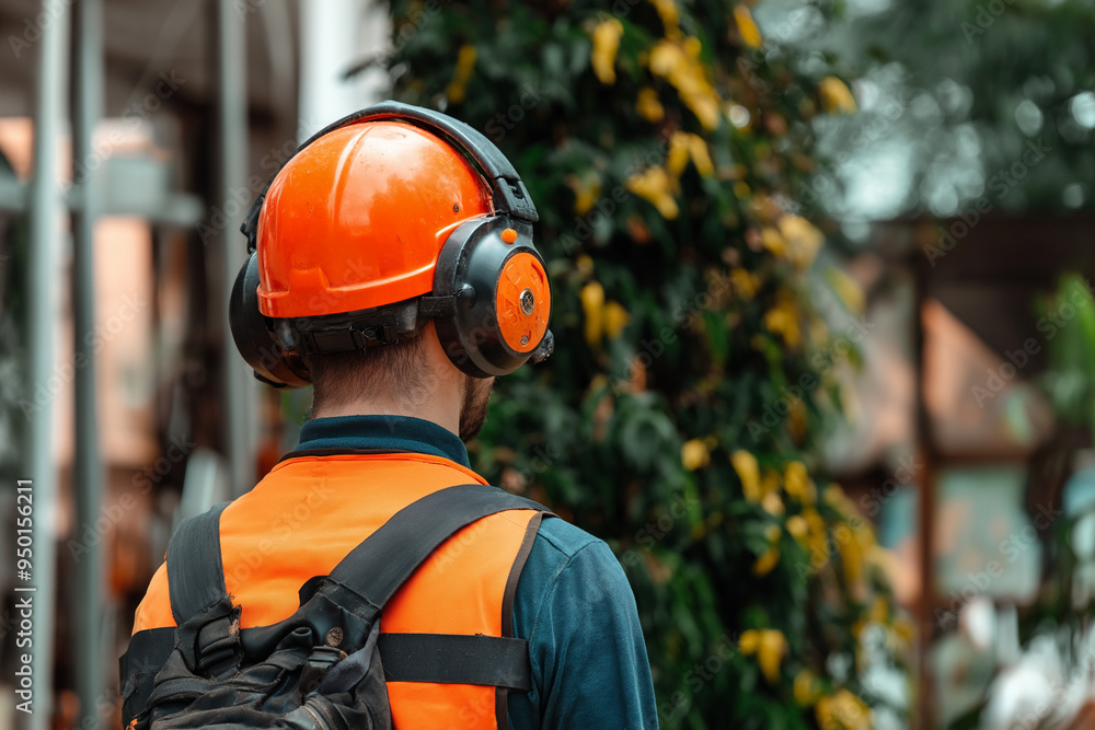 Landscaping worker wearing an orange safety vest and an orange helmet, back portrait Landscaping worker wearing an orange safety vest and an orange helmet, back portrait