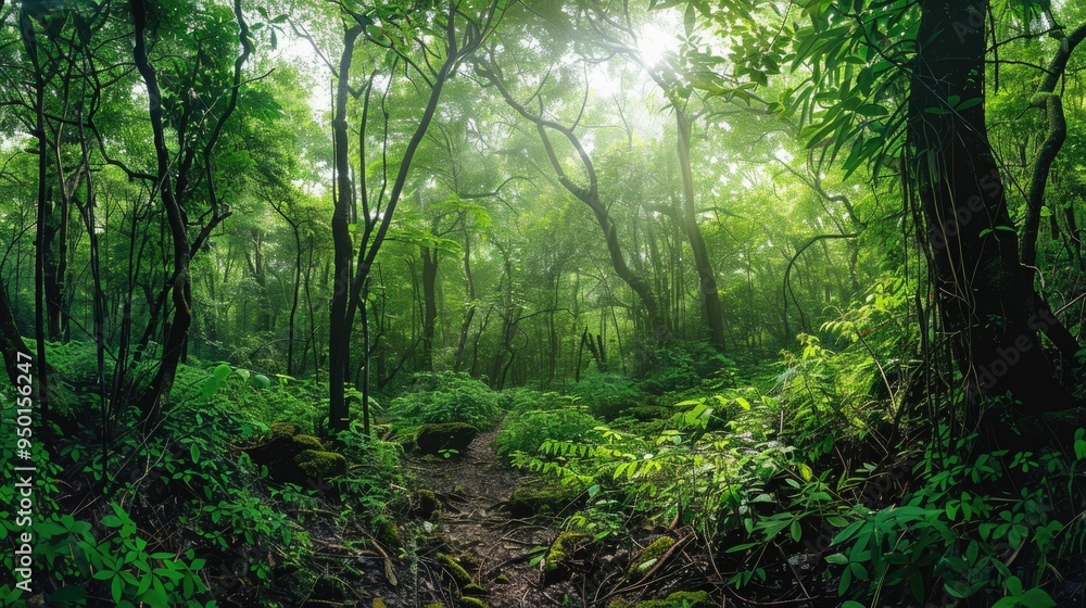 Obraz premium Lush dense forest panorama with a winding trail leading through a verdant overgrown landscape filled with towering trees leafy foliage and a tranquil natural atmosphere