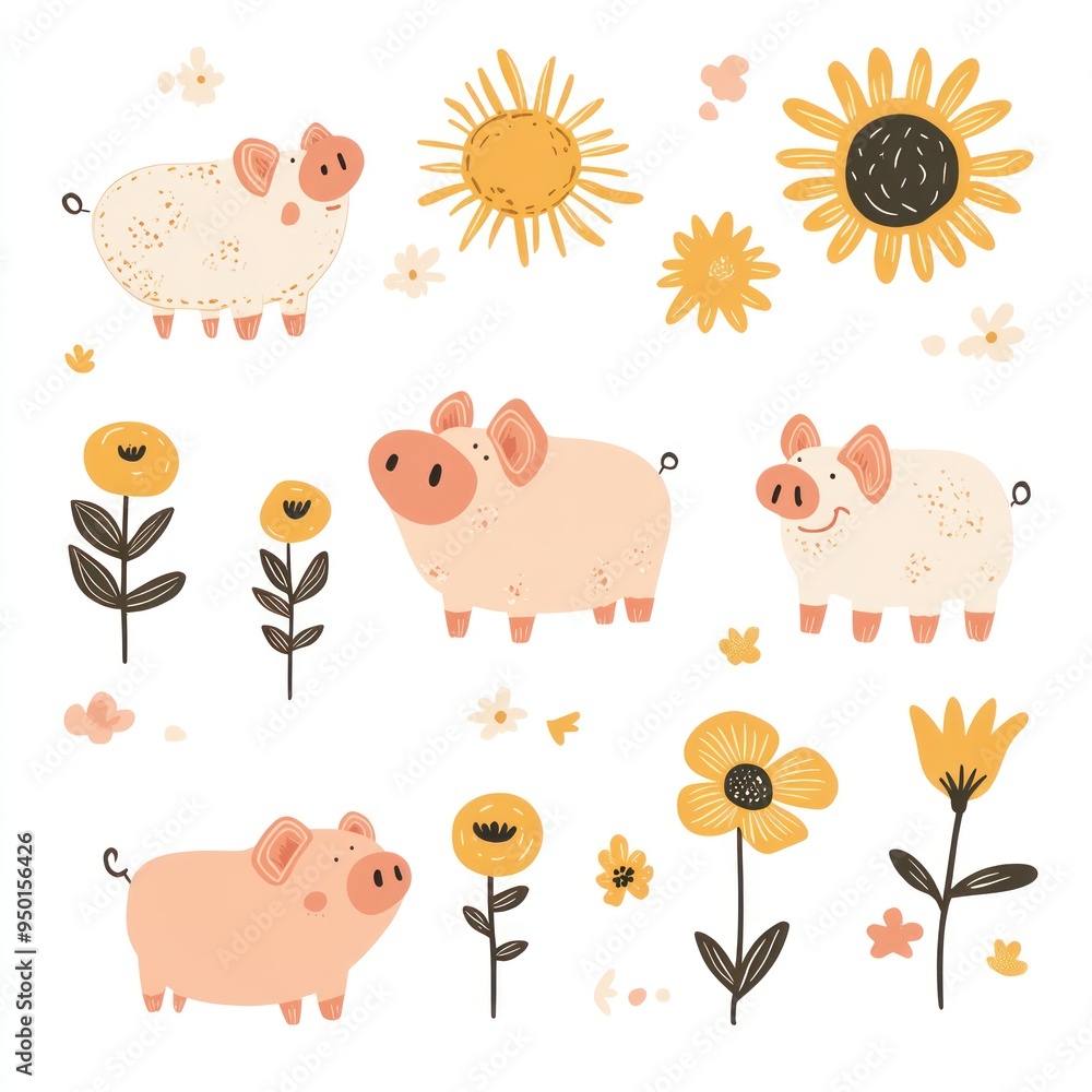 Cute illustrations of pigs and flowers in a whimsical style. Cute illustrations of pigs and flowers in a whimsical style.