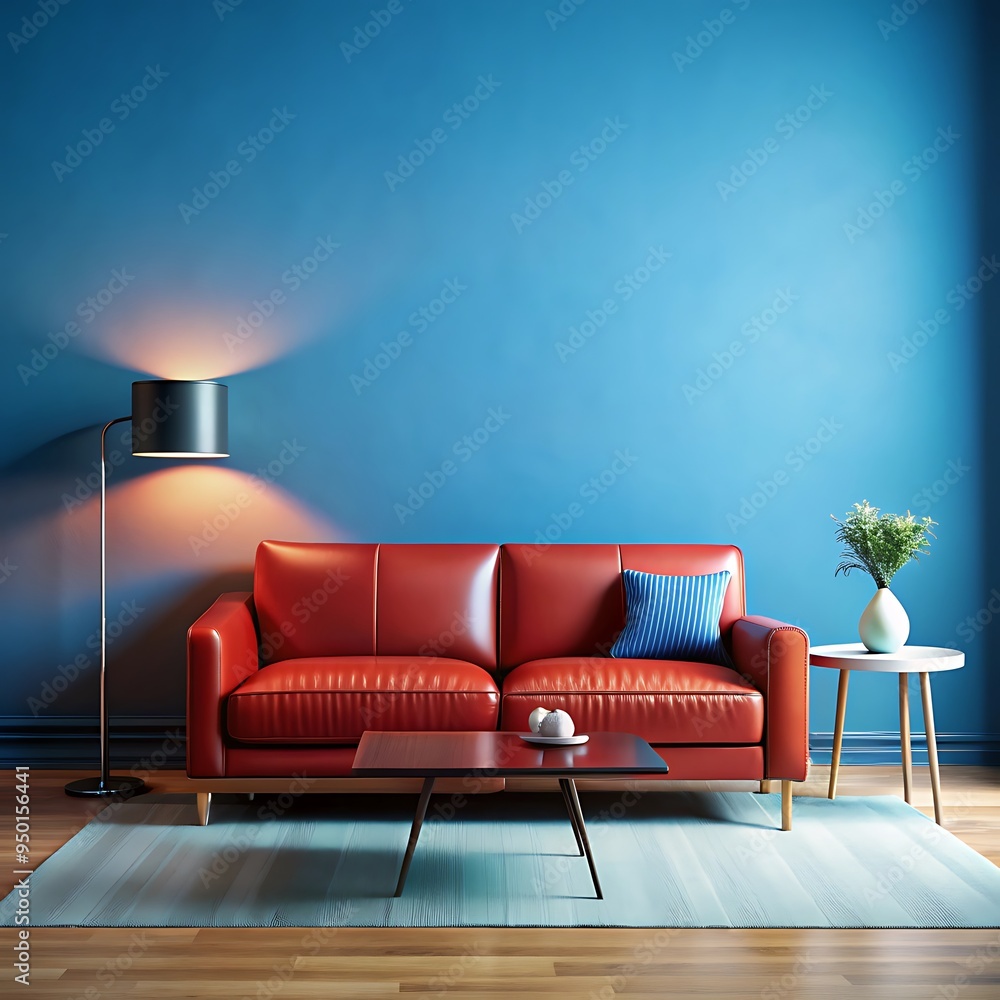 A red couch with a red cover and a lamp on the floor A red couch with a red cover and a lamp on the floor