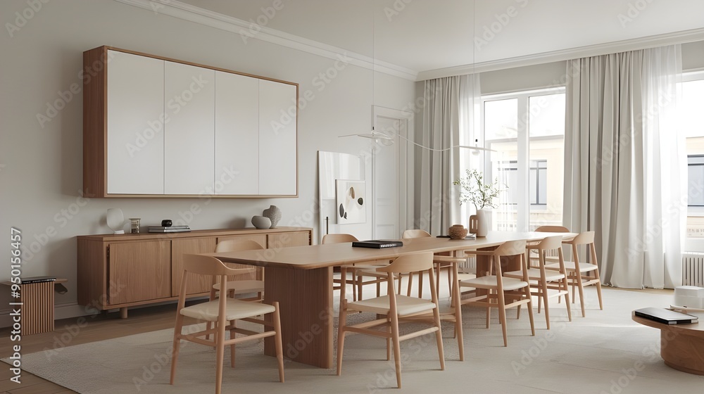A modern Scandinavian dining room with a long wooden table and chairs. A cupboard with a white door is mounted on the wall. The room has a beige rug, white curtains and a few decorative items. A modern Scandinavian dining room with a long wooden table and chairs. A cupboard with a white door is mounted on the wall. The room has a beige rug, white curtains and a few decorative items.