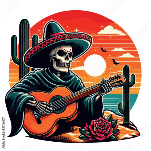 Vector tshirt design a skeleton wearing a sombrero playing a guitar