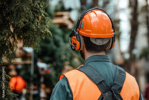 Landscaping worker wearing an orange safety vest and an orange helmet, back portrait