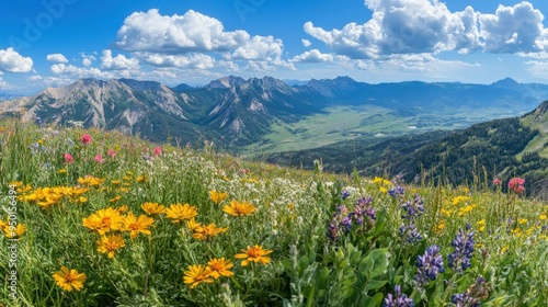 Mountain Meadow Wildflowers with Distant Mountain Range