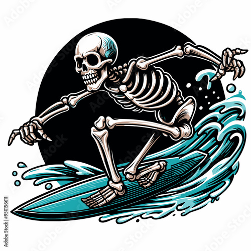 Vector tshirt design of a skeleton surfing on a wave