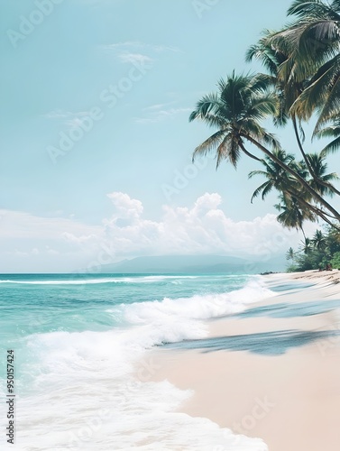 Serene Seafoam Green Seascape with Lush Palm Trees and Pristine Sandy Beach