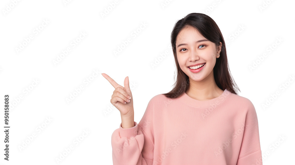 Excited young woman showing banner, pointing fingers left and smiling at camera, standing amazed on transparent Excited young woman showing banner, pointing fingers left and smiling at camera, standing amazed on transparent