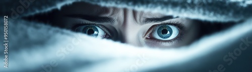 A close-up of fearful eyes peering from under a blanket, conveying emotions of anxiety and suspense in a dark atmosphere.
