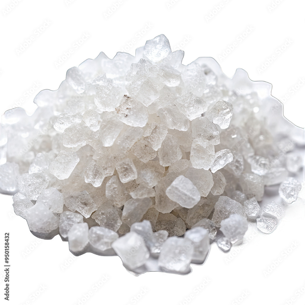 A close-up photograph of white salt crystals isolated on a white background. The crystals are arranged in a pile, showcasing their texture and structure A close-up photograph of white salt crystals isolated on a white background. The crystals are arranged in a pile, showcasing their texture and structure