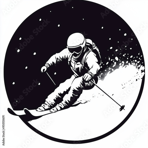 Two black and white illustrations of skiers racing down snowy slopes, showcasing dynamic movement, adrenaline, and the thrill of extreme winter sports action. photo