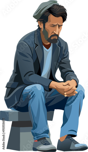 Sad mature man sitting on stairs holding his hands together-