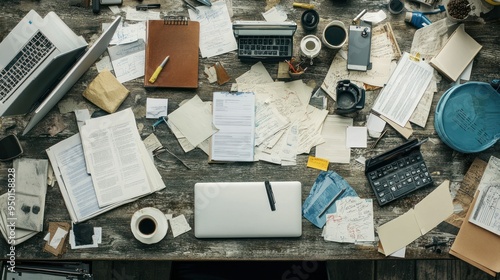 A cluttered wooden desk with various office supplies and papers. photo