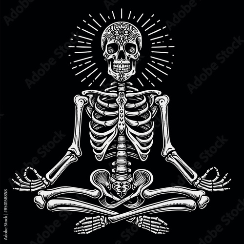 Vector Meditating Skeleton Design yoga tattoo tshirt design