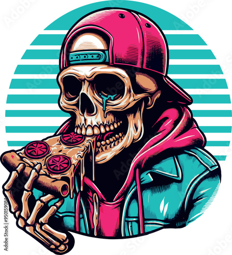 Vector T-Shirt Design a Skull eats a Pizza