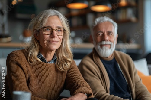 Mature couple smiles while sitting together in a cozy living room, expressing happiness and relaxation. photo