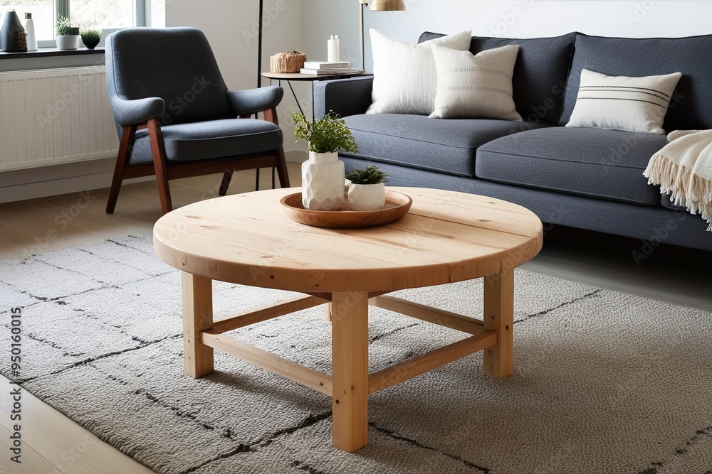 Fototapeta premium Scandinavian Living Room with Round Pine Coffee Table Cozy Couch and Modern Decor Ideas