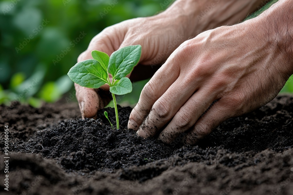 Hands Planting a Seedling: A close-up of hands planting a small seedling in rich, dark soil. The image should convey the hope and nurturing required to grow food, with a green, leafy background slight Hands Planting a Seedling: A close-up of hands planting a small seedling in rich, dark soil. The image should convey the hope and nurturing required to grow food, with a green, leafy background slight