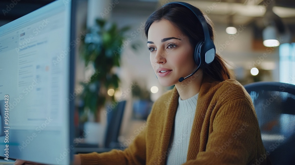 Businesswoman Working on Computer with Headset Businesswoman Working on Computer with Headset