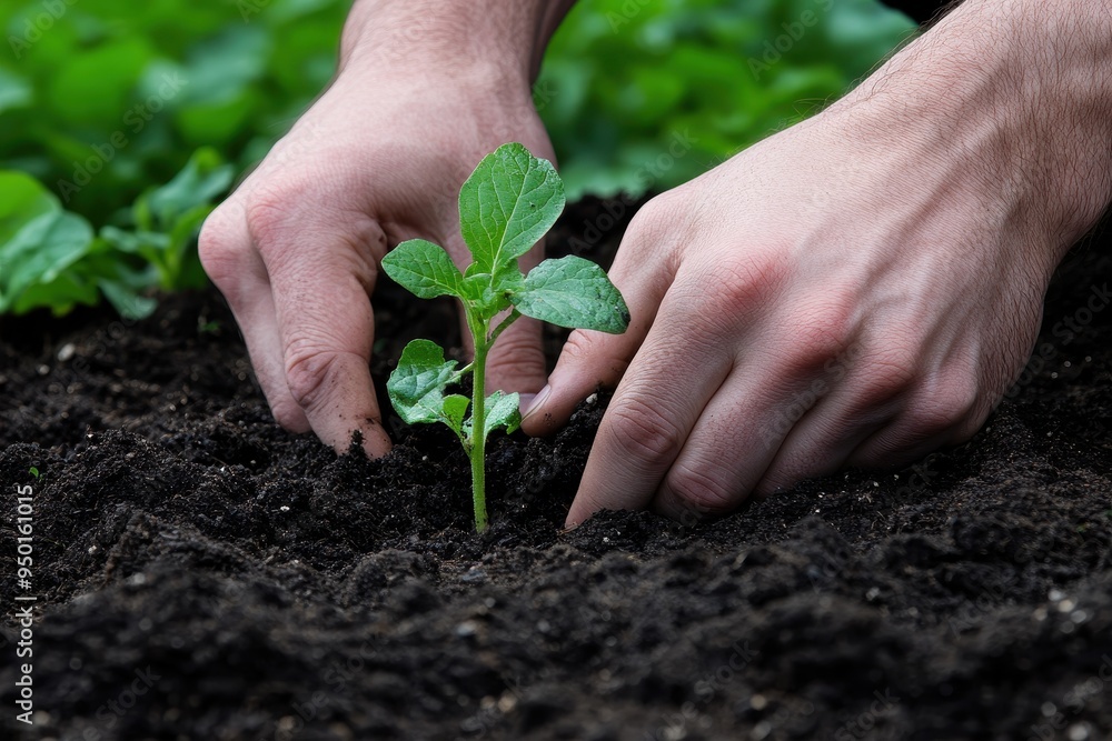 Hands Planting a Seedling: A close-up of hands planting a small seedling in rich, dark soil. The image should convey the hope and nurturing required to grow food, with a green, leafy background slight Hands Planting a Seedling: A close-up of hands planting a small seedling in rich, dark soil. The image should convey the hope and nurturing required to grow food, with a green, leafy background slight