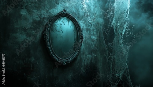 Creepy haunted mirror in a dark room, distorted reflection, eerie light, cobwebs on the frame, chilling atmosphere, high detail, gothic horror, unsettling and spooky photo