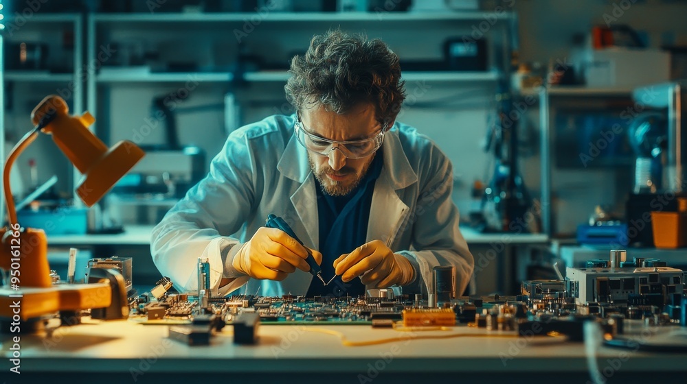 Technician Working on Circuit Board in Lab Technician Working on Circuit Board in Lab