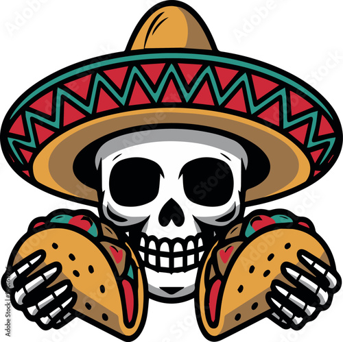 Vector Shirt Design a Skull with a Sombrero eating Taco