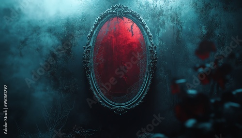 Creepy haunted mirror in a dark room, distorted reflection, eerie light, cobwebs on the frame, chilling atmosphere, high detail, gothic horror, unsettling and spooky photo