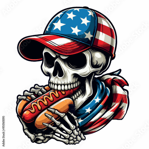 Vector Shirt Design a skull with a hat that american flag on it eats hotdog