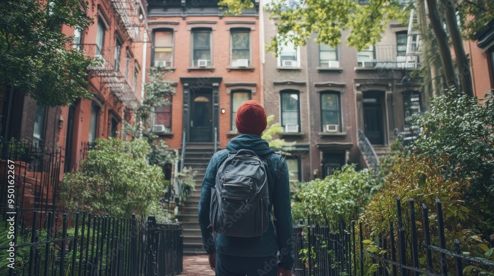 Man Walking on Cobblestone Street in Front of Brick Houses Man Walking on Cobblestone Street in Front of Brick Houses