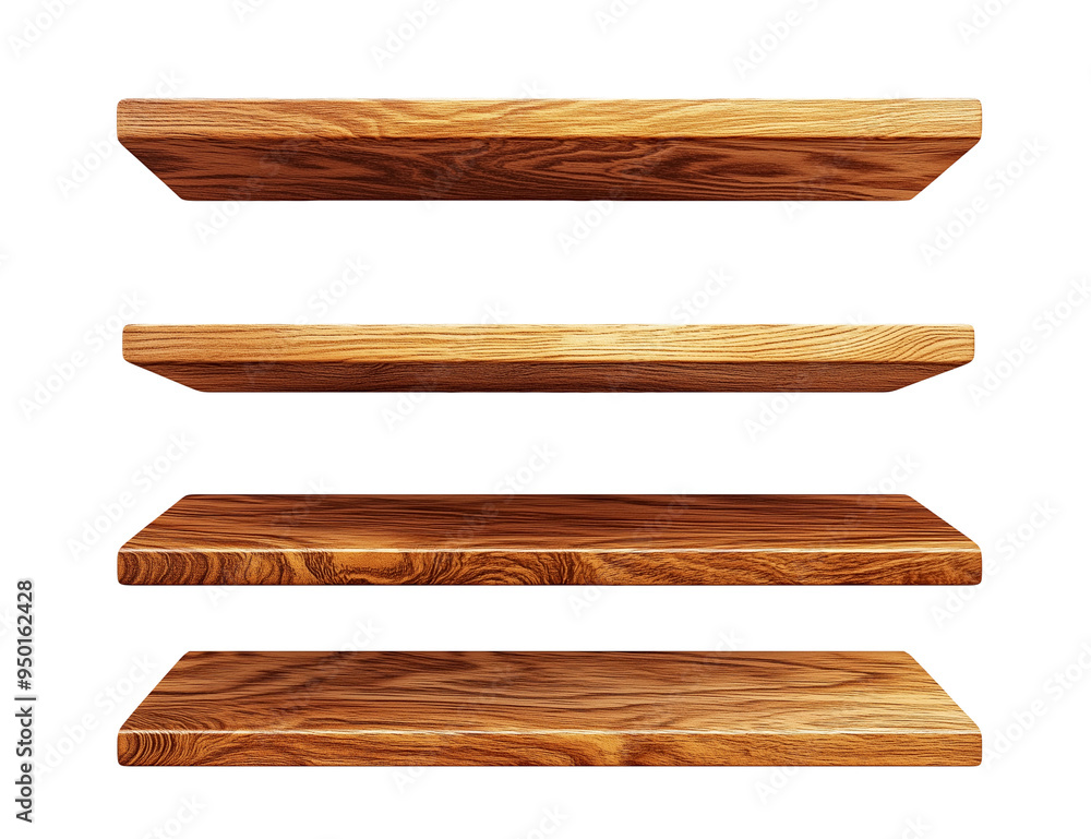 A collection of four wooden shelves with varying brown tones and grain patterns, flat and horizontal, isolated against a transparent background, featuring polished wood surfaces and minimalist design A collection of four wooden shelves with varying brown tones and grain patterns, flat and horizontal, isolated against a transparent background, featuring polished wood surfaces and minimalist design