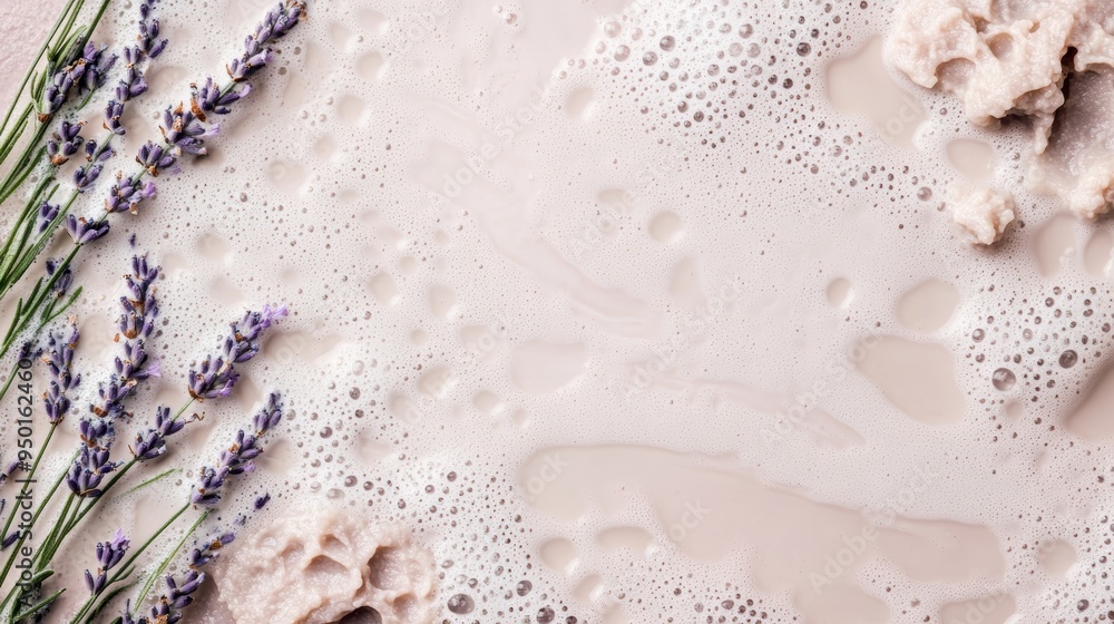 Fototapeta premium A serene layout featuring lavender sprigs and foamy soap, perfect for relaxation and wellness themed projects.