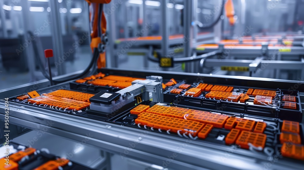 An intimate view of an assembly line corner where battery cells are being coded with barcodes for traceability and inventory management in electric vehicle production. An intimate view of an assembly line corner where battery cells are being coded with barcodes for traceability and inventory management in electric vehicle production.