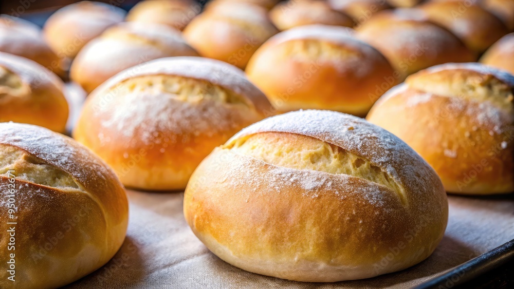 Realistic stock photo of a pile of freshly baked round bread rolls on a rustic baking sheet, golden brown with a soft and smooth surface, simple wooden table background Realistic stock photo of a pile of freshly baked round bread rolls on a rustic baking sheet, golden brown with a soft and smooth surface, simple wooden table background