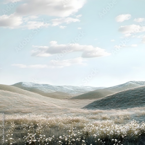 Softly Muted Slate Blue Pastoral Landscape with Drifting Clouds and Delicate Wildflowers