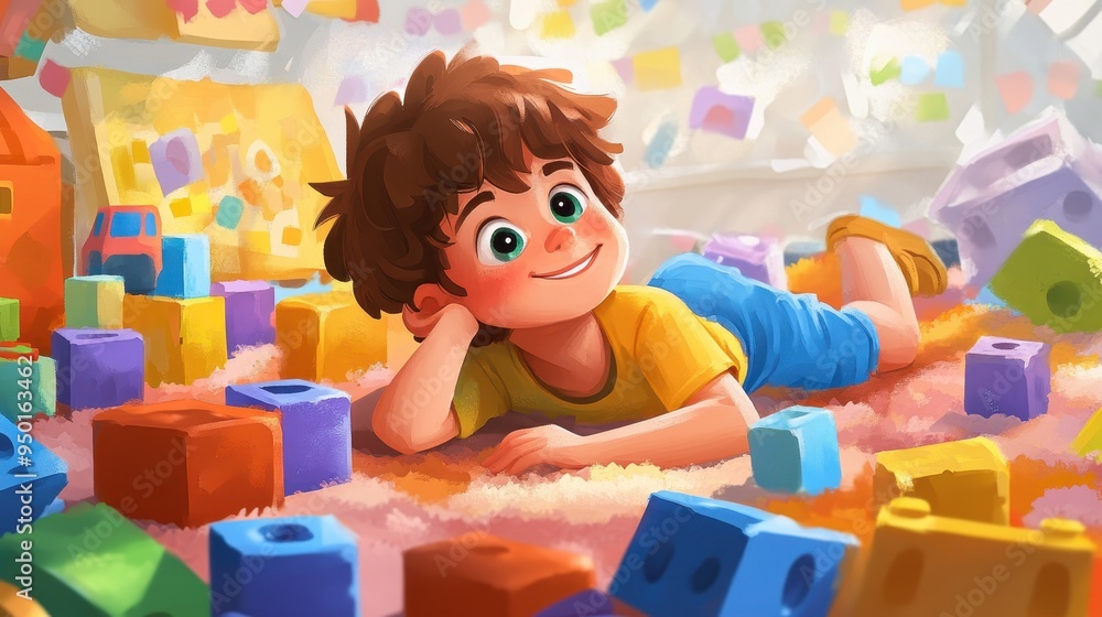 Fototapeta premium Joyful Preschool Boy Surrounded by Colorful Toys on Soft Carpet in Illustration