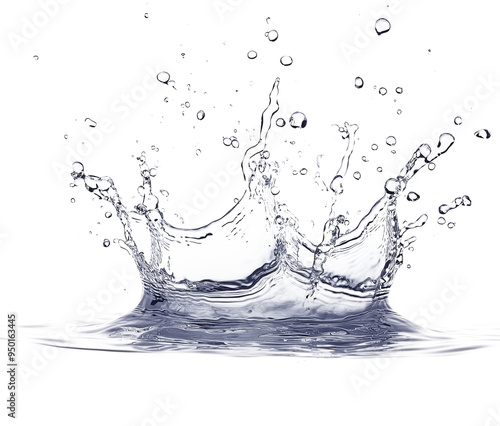Photorealistic water splash in crown shape, monochrome, high contrast, detailed droplet effects, isolated on transparent background, PNG format, featuring coronal pattern and detailed splash.
