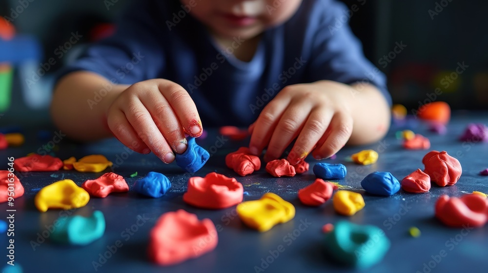 Creative Playtime: Preschool Boy Crafting with Colorful Clay in Close-up View Creative Playtime: Preschool Boy Crafting with Colorful Clay in Close-up View
