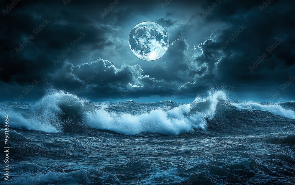 Full moon in a stormy sky above a dark, eerie sea, crashing waves, ominous clouds, high detail, chilling and dramatic atmosphere Full moon in a stormy sky above a dark, eerie sea, crashing waves, ominous clouds, high detail, chilling and dramatic atmosphere