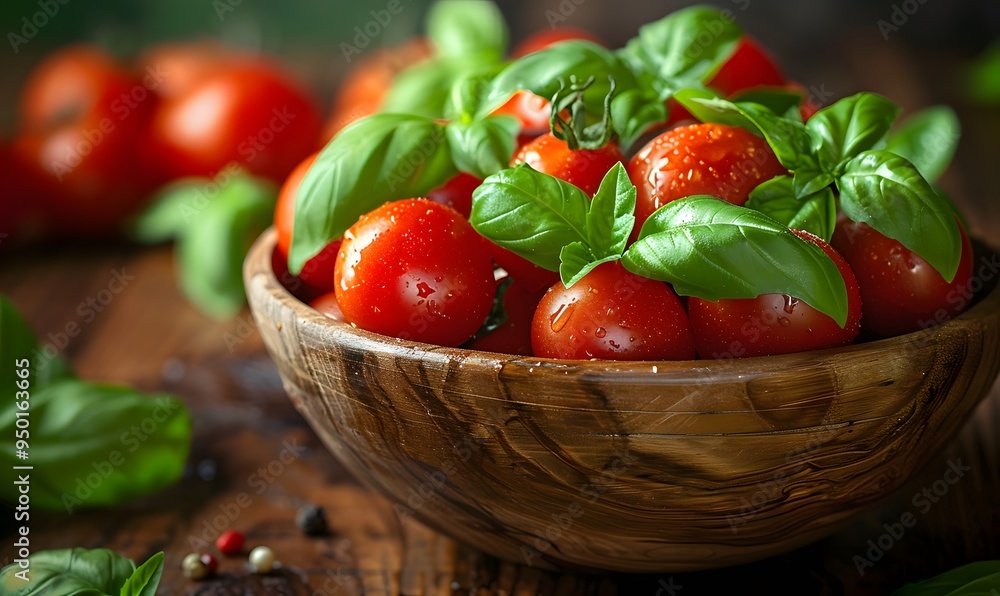 Vibrant Color Contrast, A close-up of the wooden bowl brimming with bright red tomatoes and lush green basil leaves Vibrant Color Contrast, A close-up of the wooden bowl brimming with bright red tomatoes and lush green basil leaves
