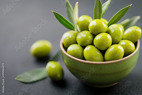 Wallpaper Mural Fresh green olives in a bowl with olive leaves arranged on a dark surface, showcasing vibrant natural colors and textures Torontodigital.ca