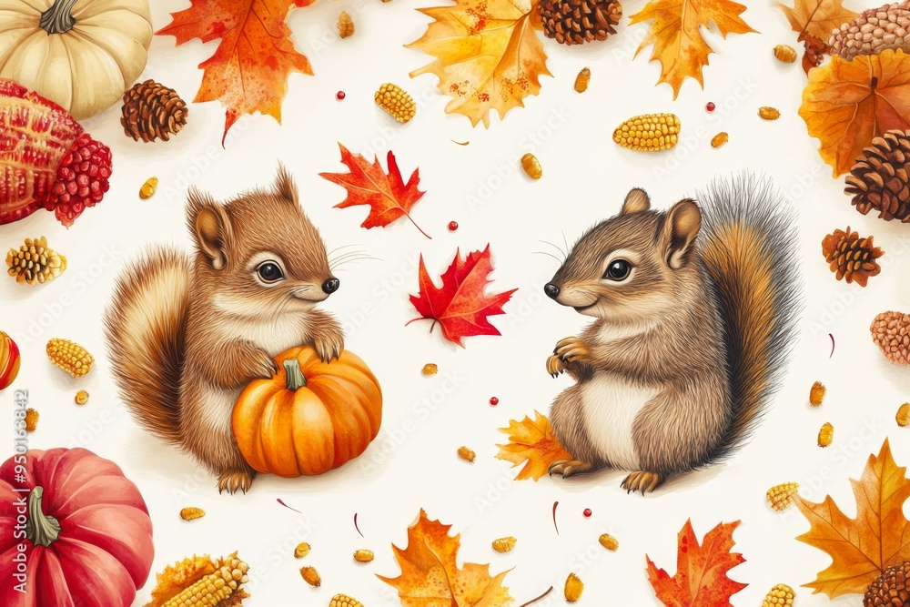 thanksgiving animals kids vector illustration with a seamless pattern of autumn leaves, corn, and pumpkins, featuring a happy hedgehog and squirrel thanksgiving animals kids vector illustration with a seamless pattern of autumn leaves, corn, and pumpkins, featuring a happy hedgehog and squirrel
