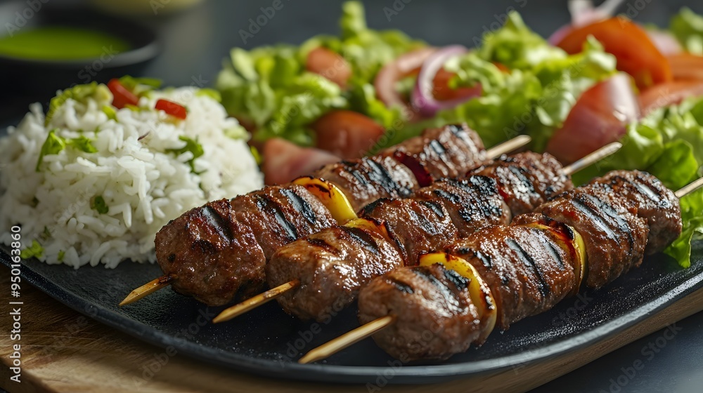 Delicious Grilled Meat Skewers with Rice and Salad Delicious Grilled Meat Skewers with Rice and Salad