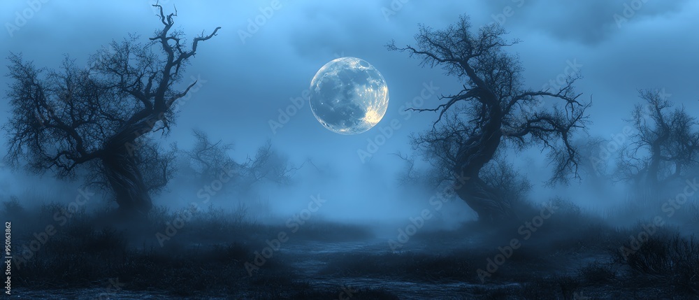 Naklejka premium Full moon shining over a desolate, spooky landscape, dark silhouettes of twisted trees, eerie fog rolling in, high detail, haunting and mysterious